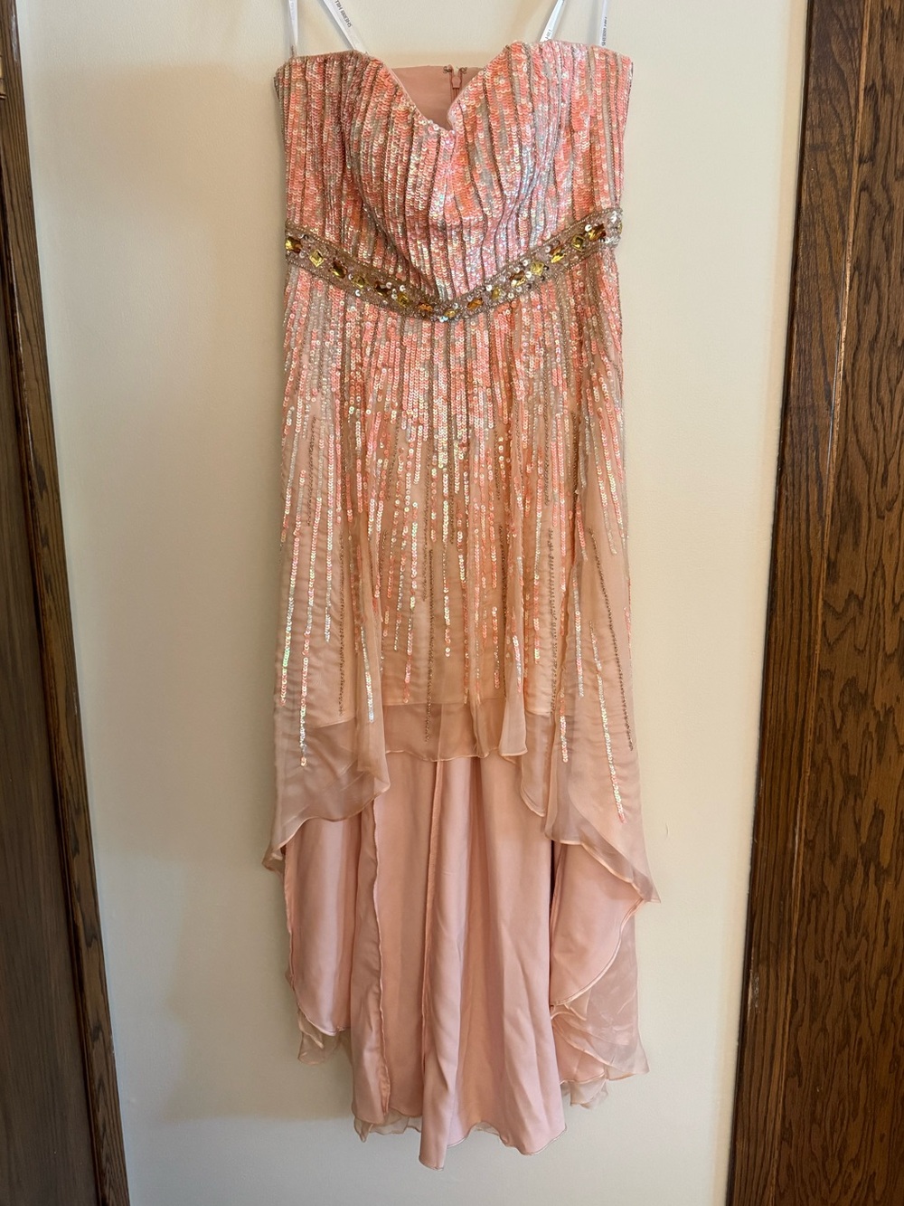 Sherri Hill Silk Strapless Beaded Sequin High-Low Dress Peach Homecoming Prom 14